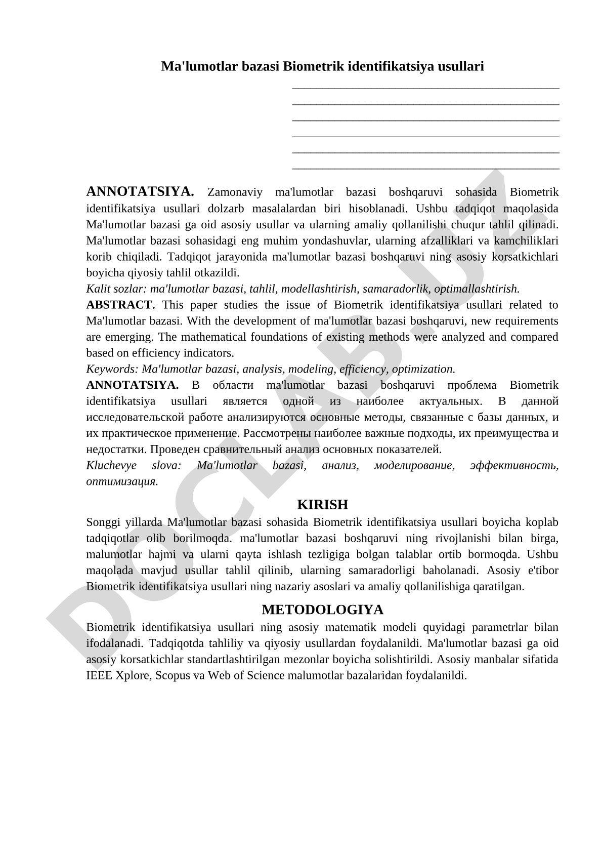 Ma'lumotlar bazasi biometrik identifikatsiya usullari