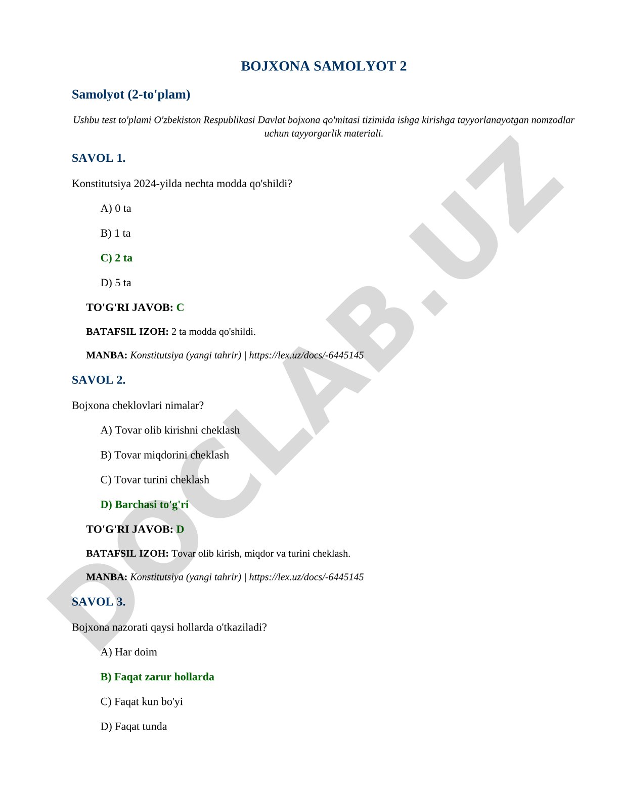 Bojxona qo'mitasiga kirish testlari (2-to'plam)