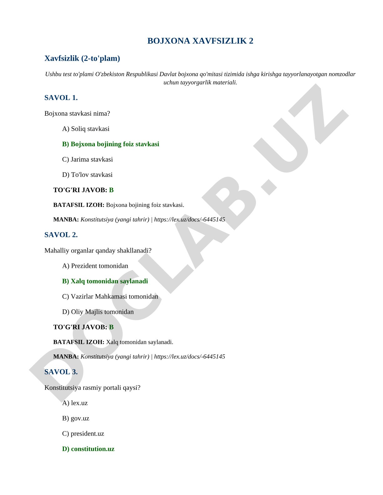 Bojxona xavfsizligi bo'yicha test to'plami