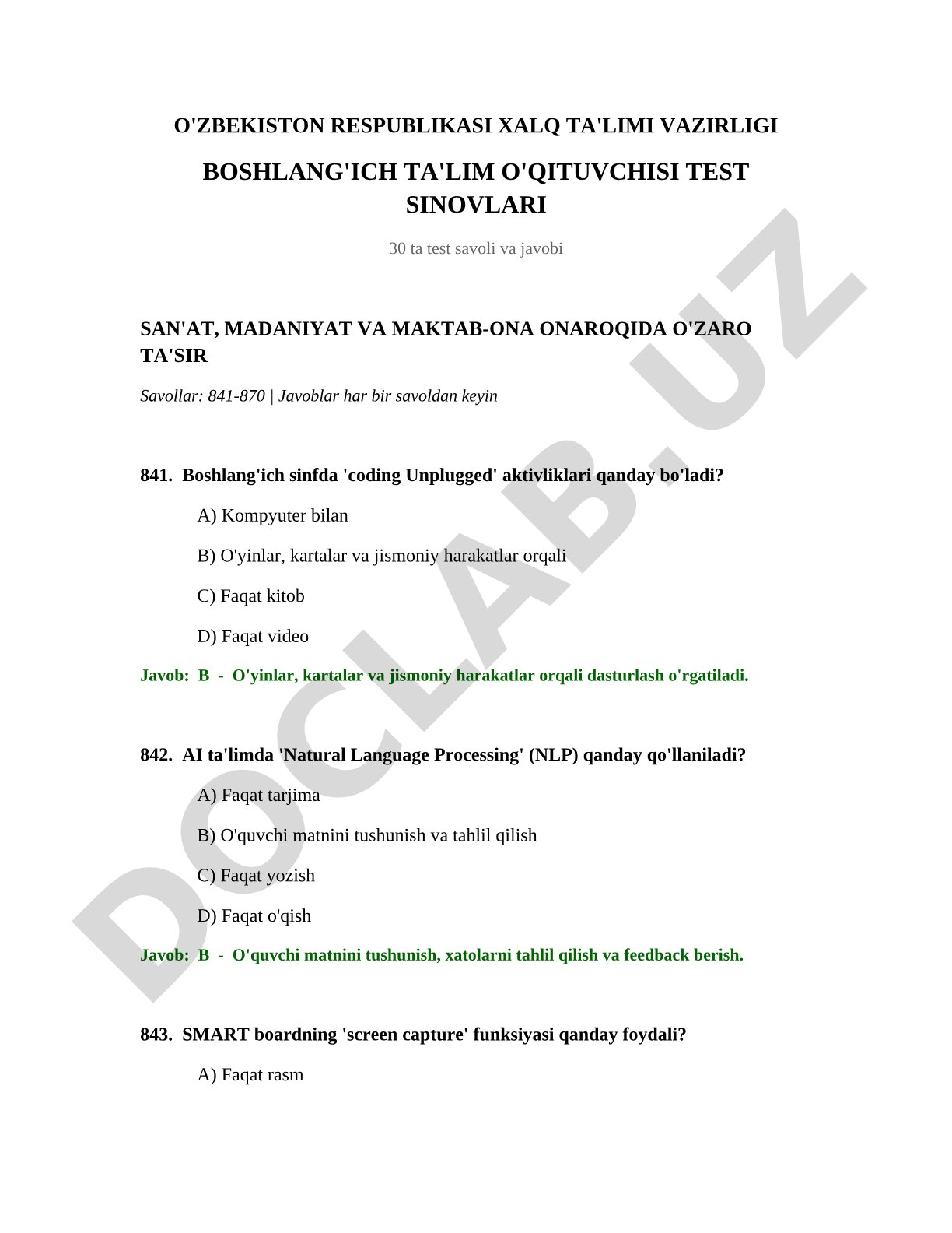 Boshlang'ich ta'lim o'qituvchisi test sinovlari: san'at, madaniyat va maktab-ona o'zaro ta'siri