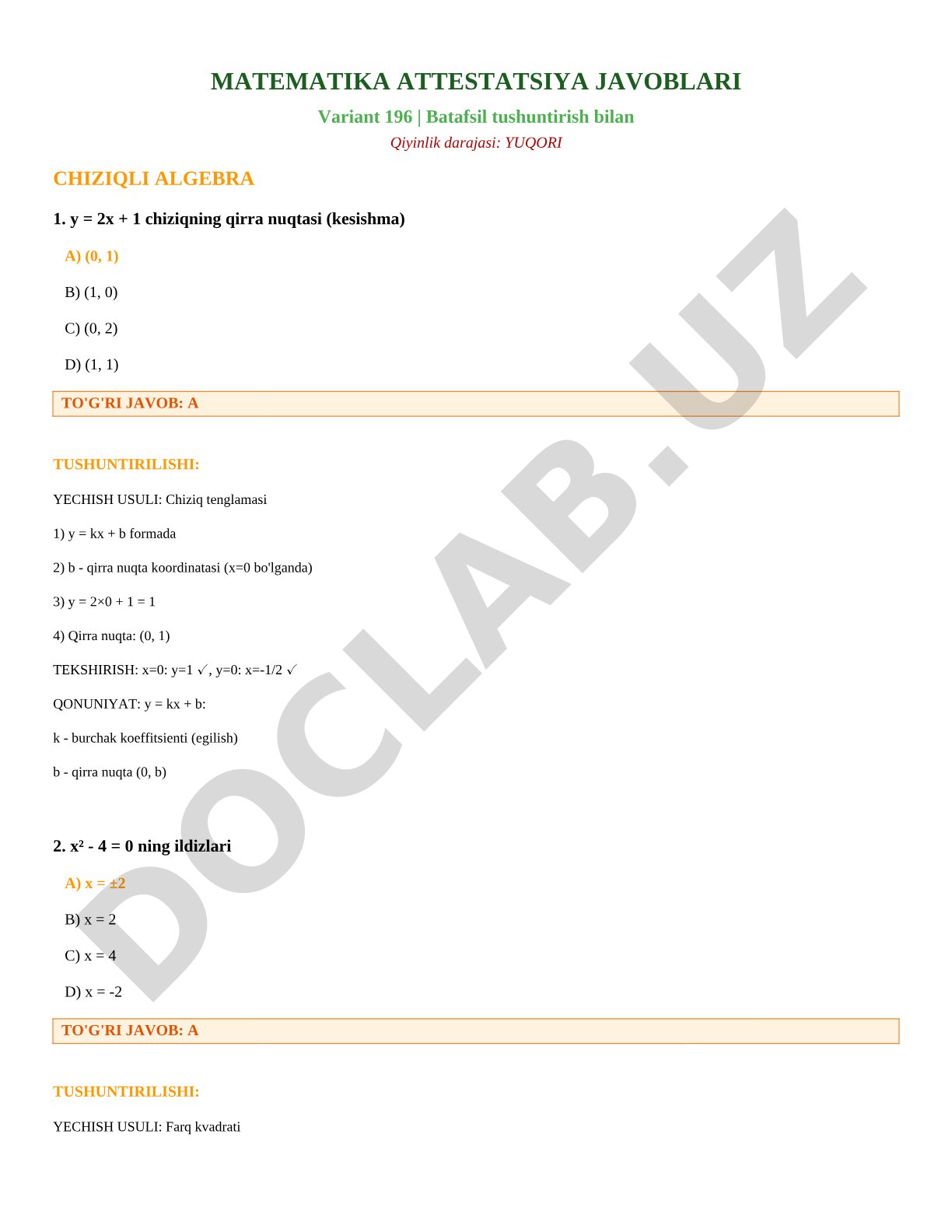 Matematika attestatsiya javoblari - Variant 196
