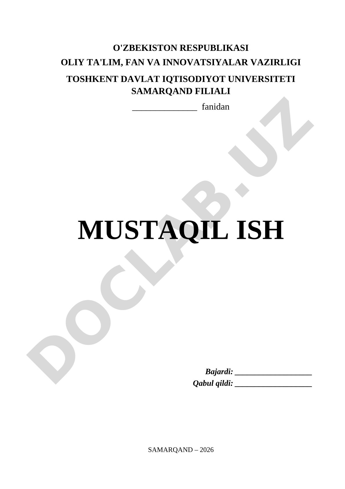 Mustaqil ish sarlavha sahifasi namunasi