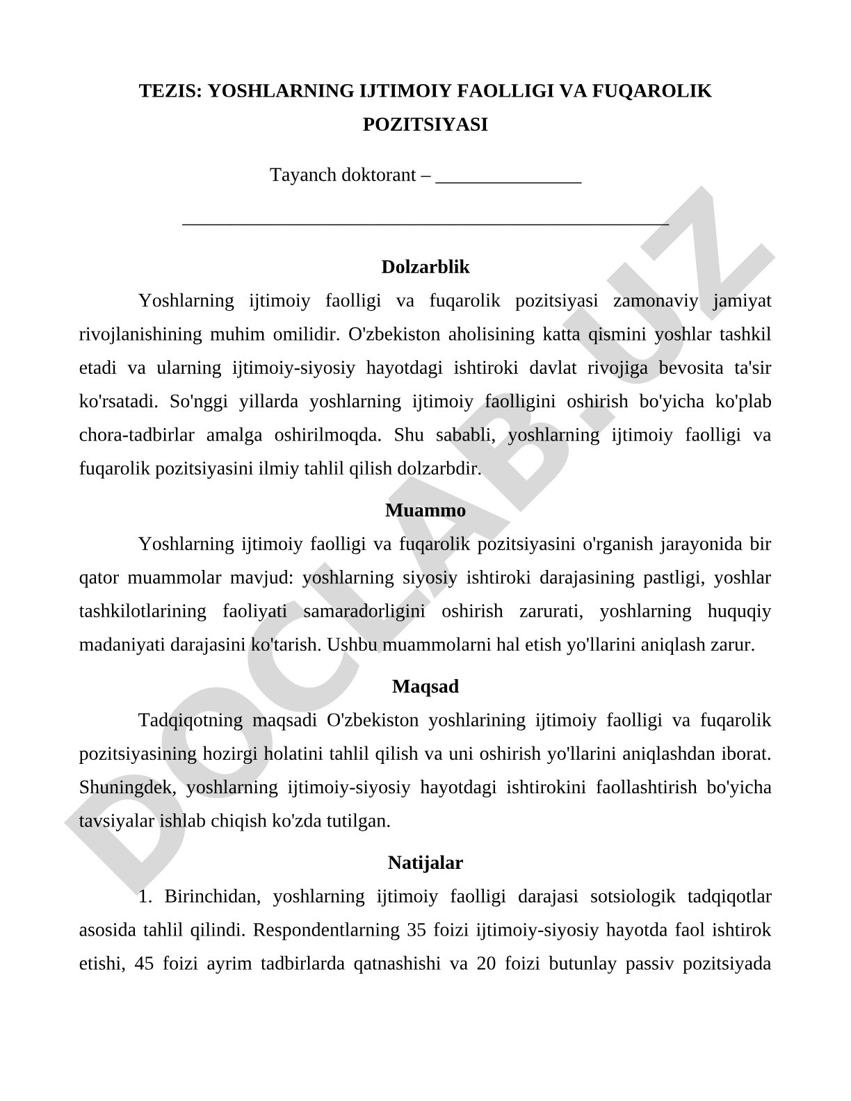 Yoshlarning ijtimoiy faolligi va fuqarolik pozitsiyasi
