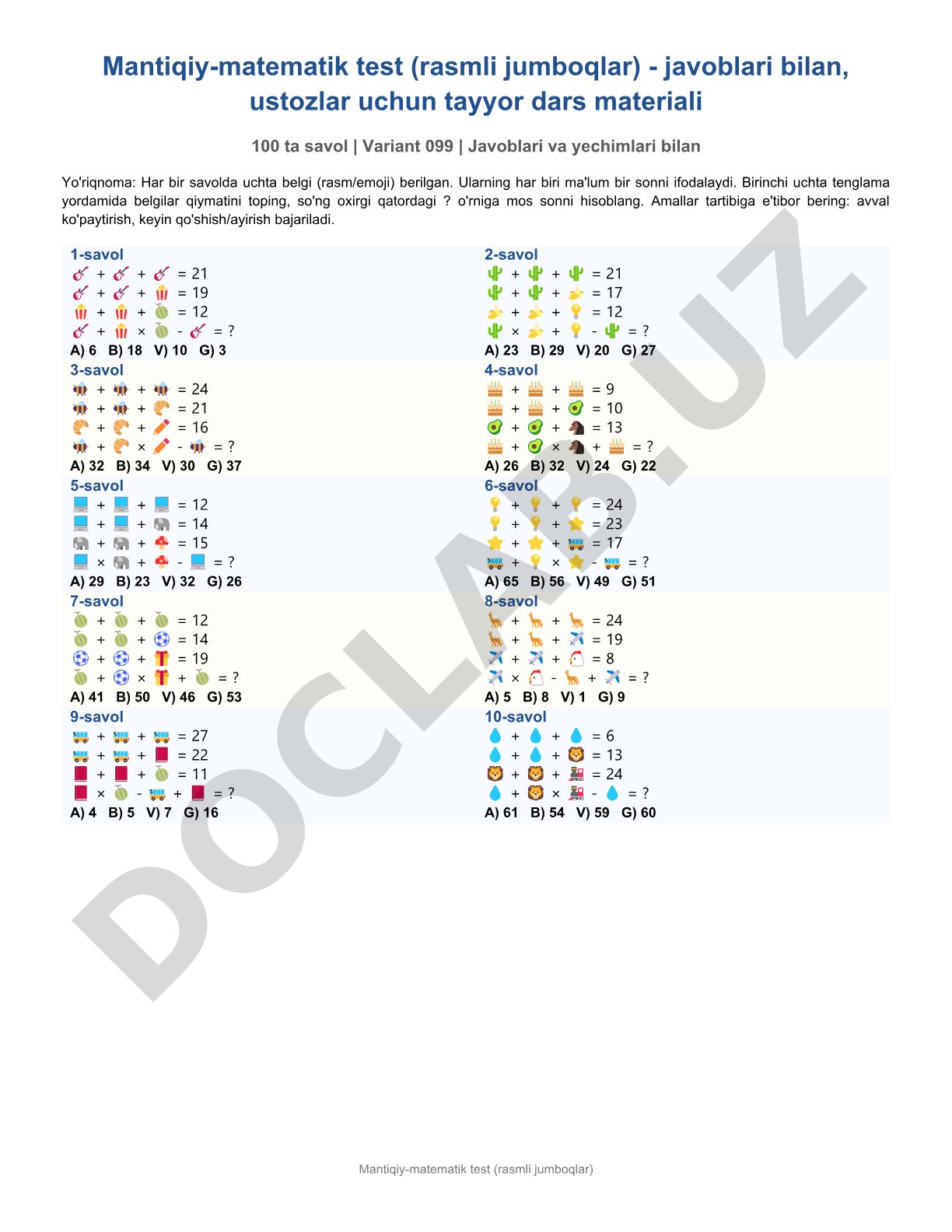 Mantiqiy-matematik test (rasmli jumboqlar)