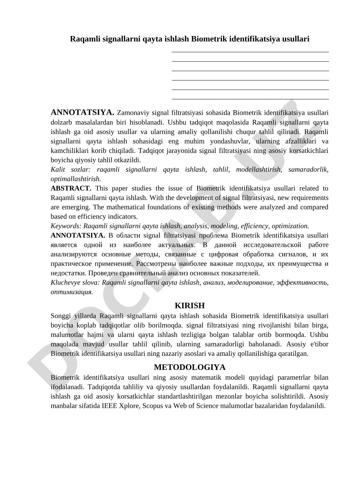 Raqamli signallarni qayta ishlash Biometrik identifikatsiya usullari