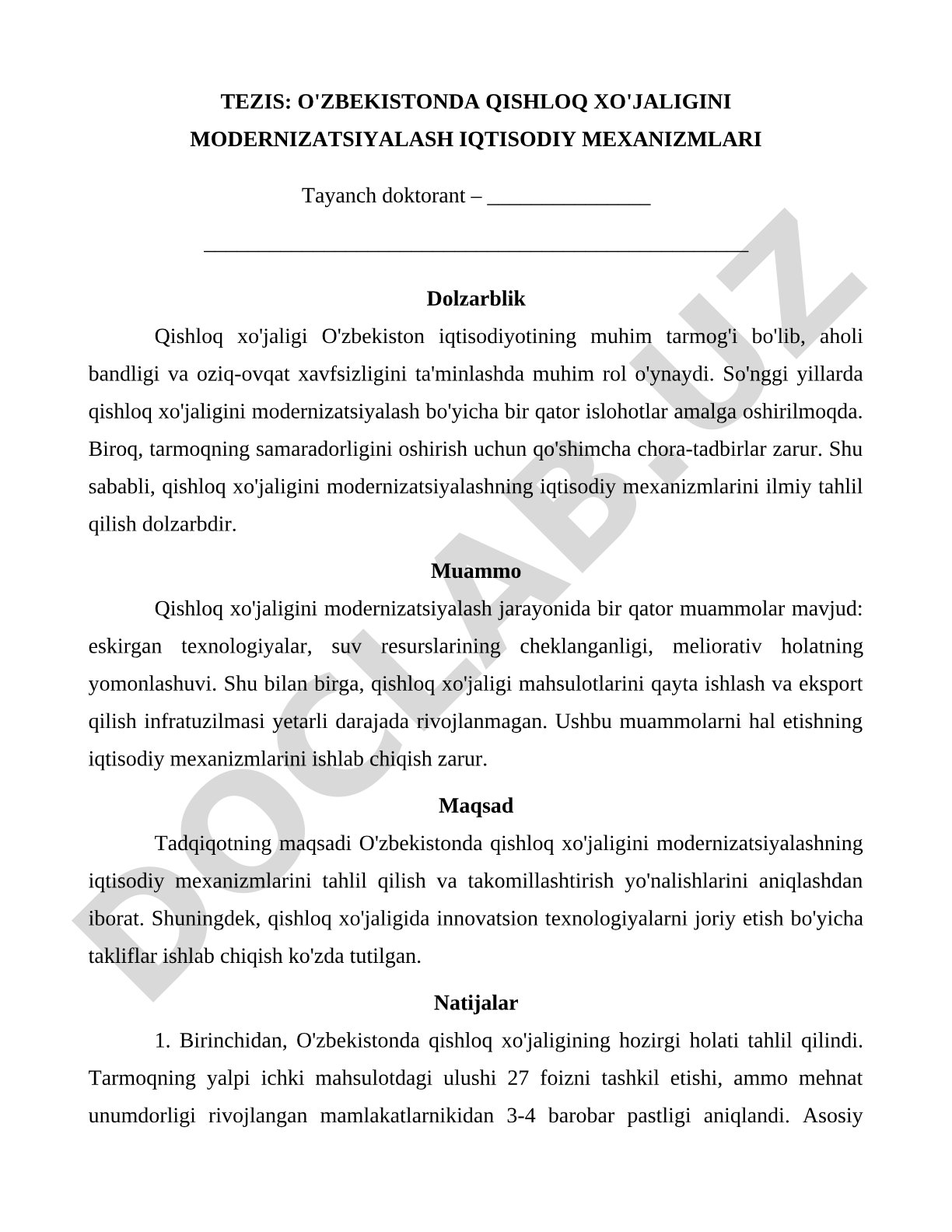 O'ZBEKISTONDA QISHLOQ XO'JALIGINI MODERNIZATSIYALASH IQTISODIY MEXANIZMLARI