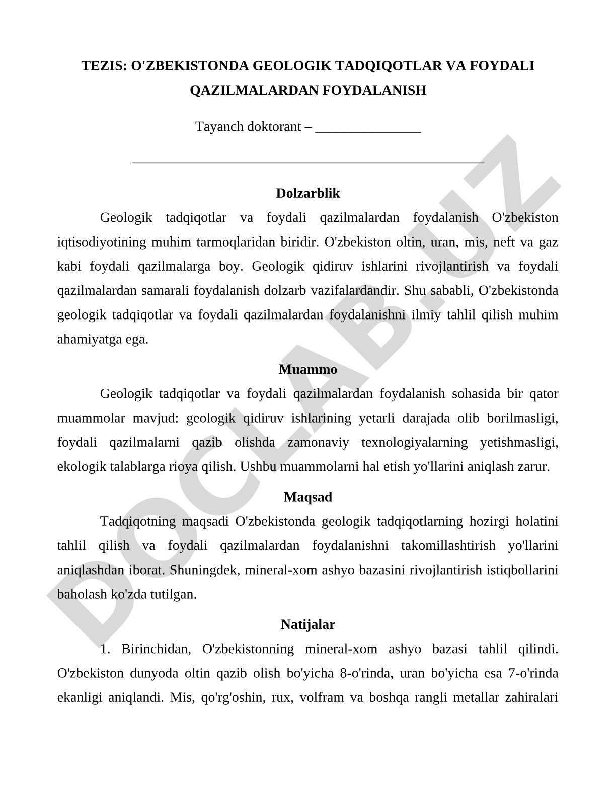 O'zbekistonda geologik tadqiqotlar va foydali qazilmalardan foydalanish