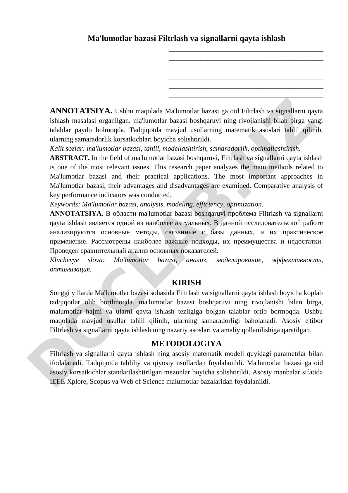 Ma'lumotlar bazasida filtrlash va signallarni qayta ishlash