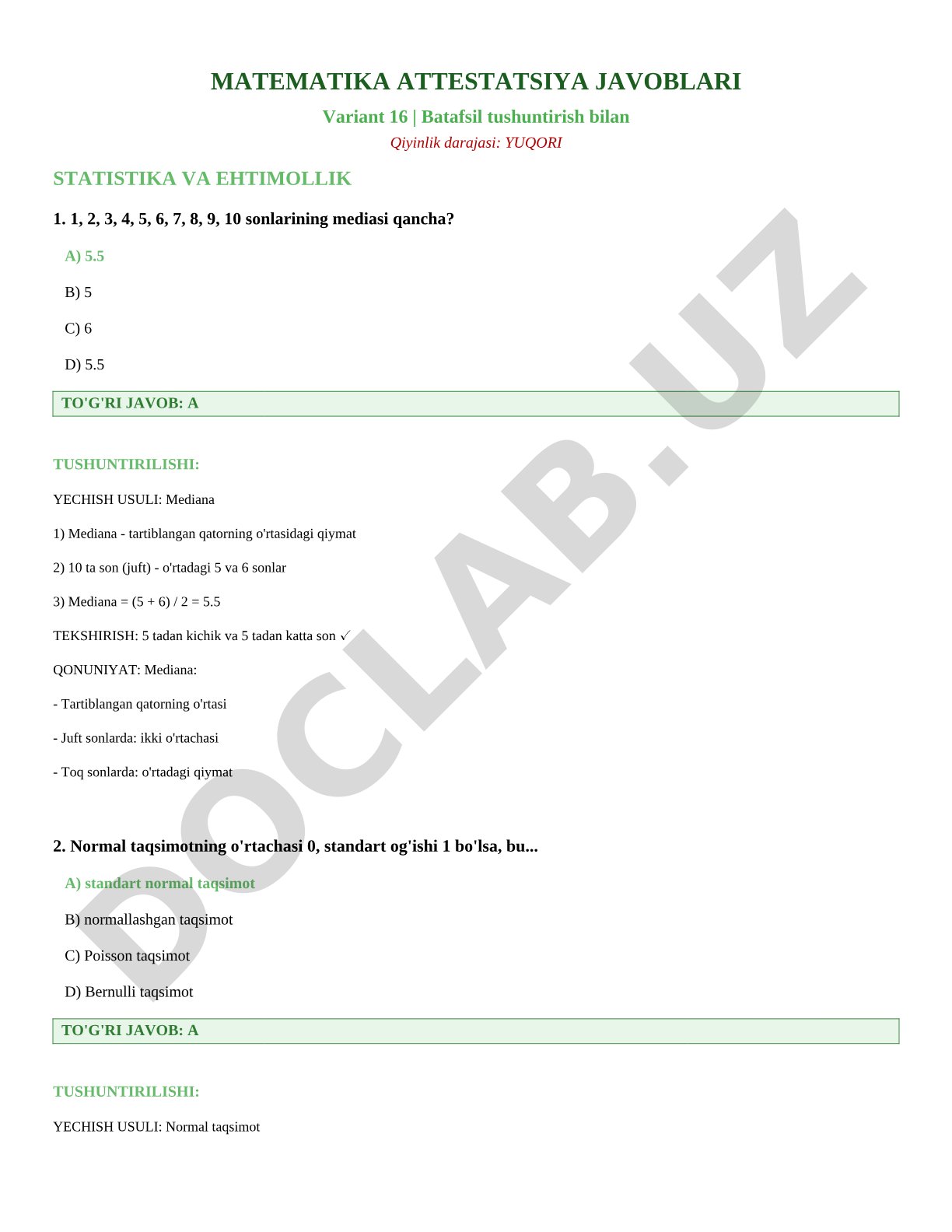 Statistika va ehtimollik bo'yicha attestatsiya javoblari (16-variant)