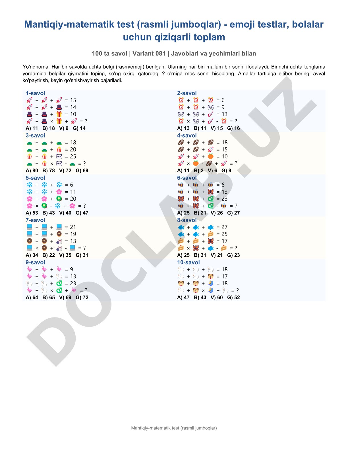 Mantiqiy-matematik test (rasmli jumboqlar)