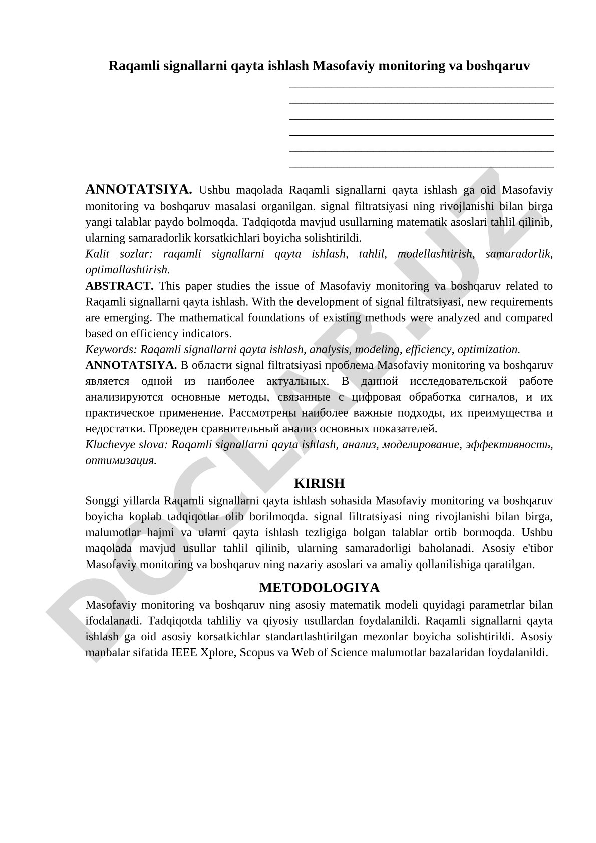 Raqamli signallarni qayta ishlash masofaviy monitoring va boshqaruv