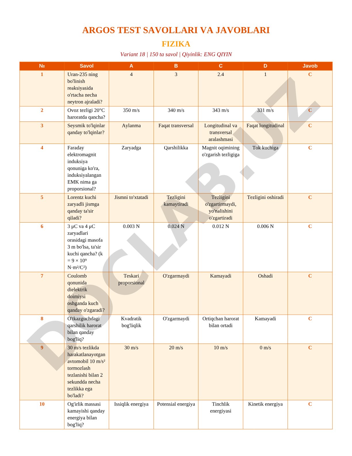 Fizika test savollari (Variant 18)