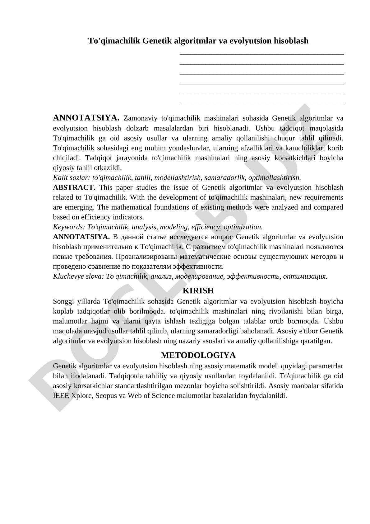 To'qimachilik Genetik algoritmlar va evolyutsion hisoblash