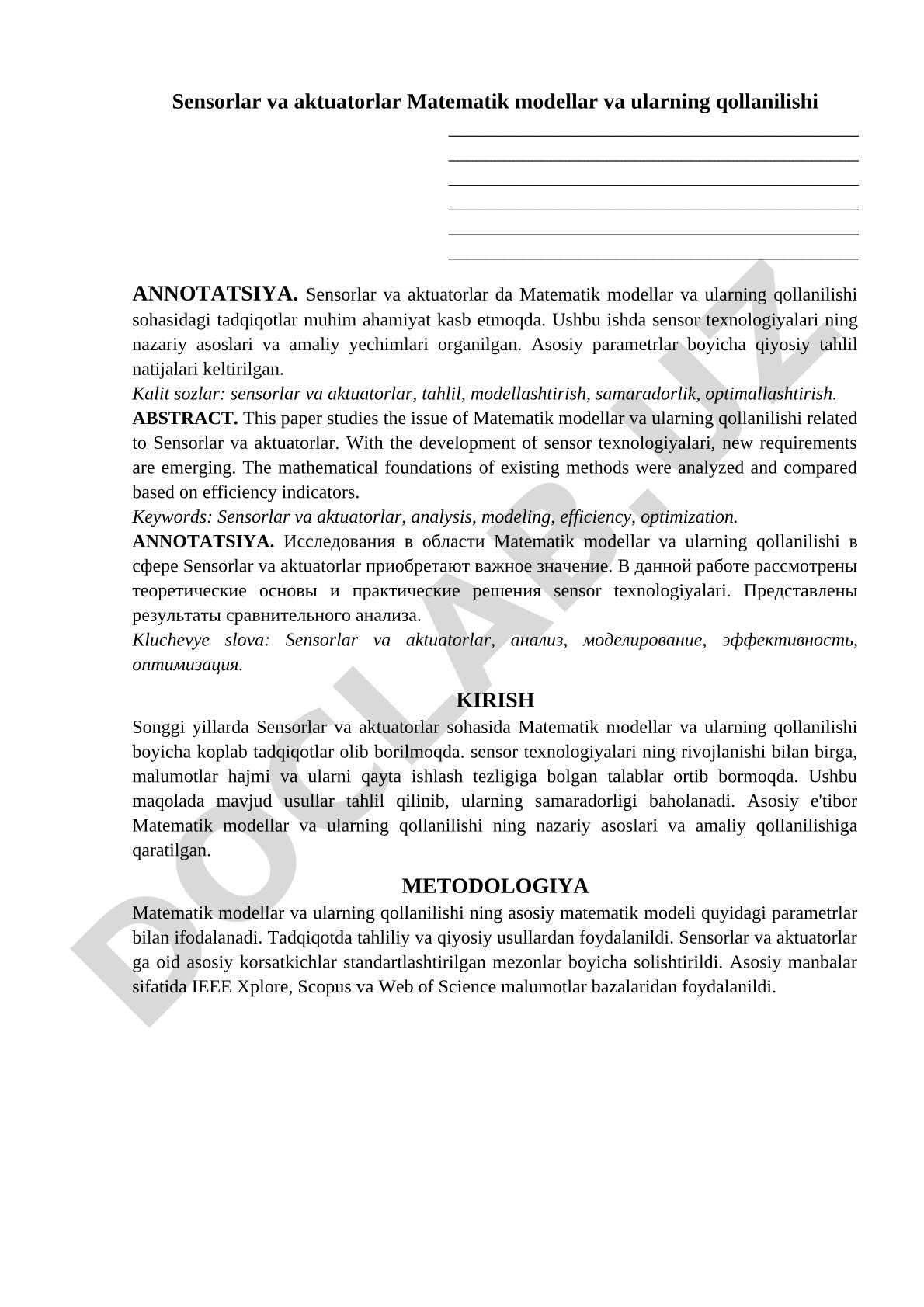 Sensorlar va aktuatorlar Matematik modellar va ularning qollanilishi