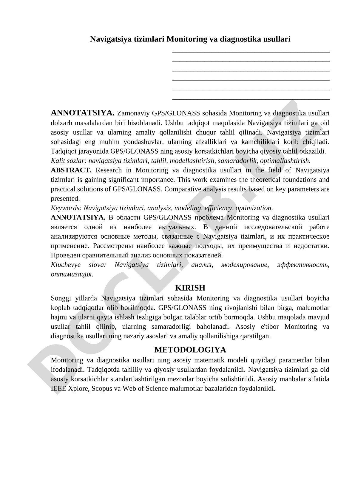 Navigatsiya tizimlari Monitoring va diagnostika usullari