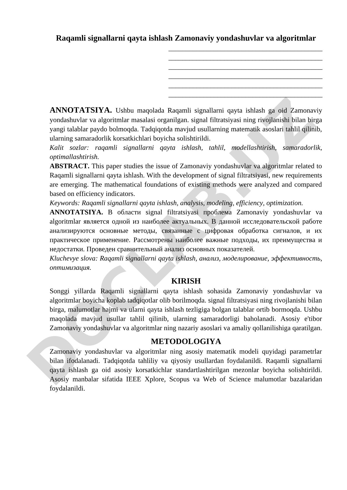 Raqamli signallarni qayta ishlash: zamonaviy yondashuvlar va algoritmlar