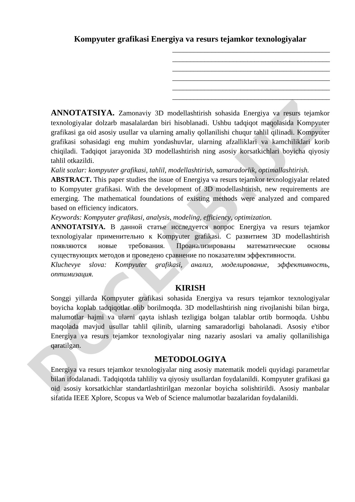 Kompyuter grafikasi Energiya va resurs tejamkor texnologiyalar