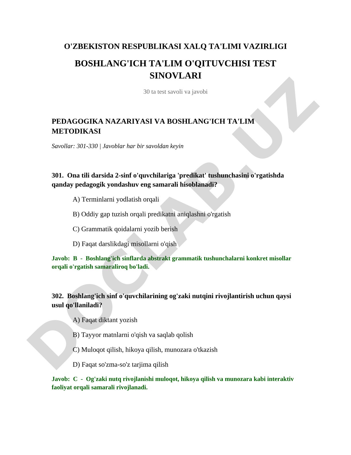 Boshlang'ich ta'lim o'qituvchisi test sinovlari pedagogika nazariyasi va metodikasi