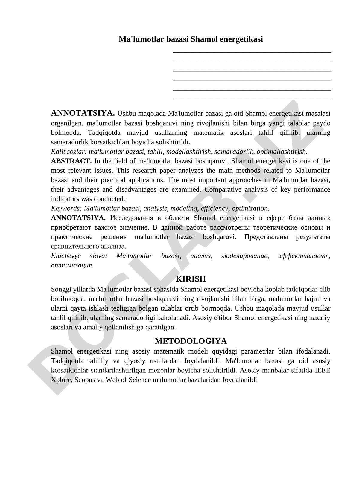 Ma'lumotlar bazasi va shamol energetikasi