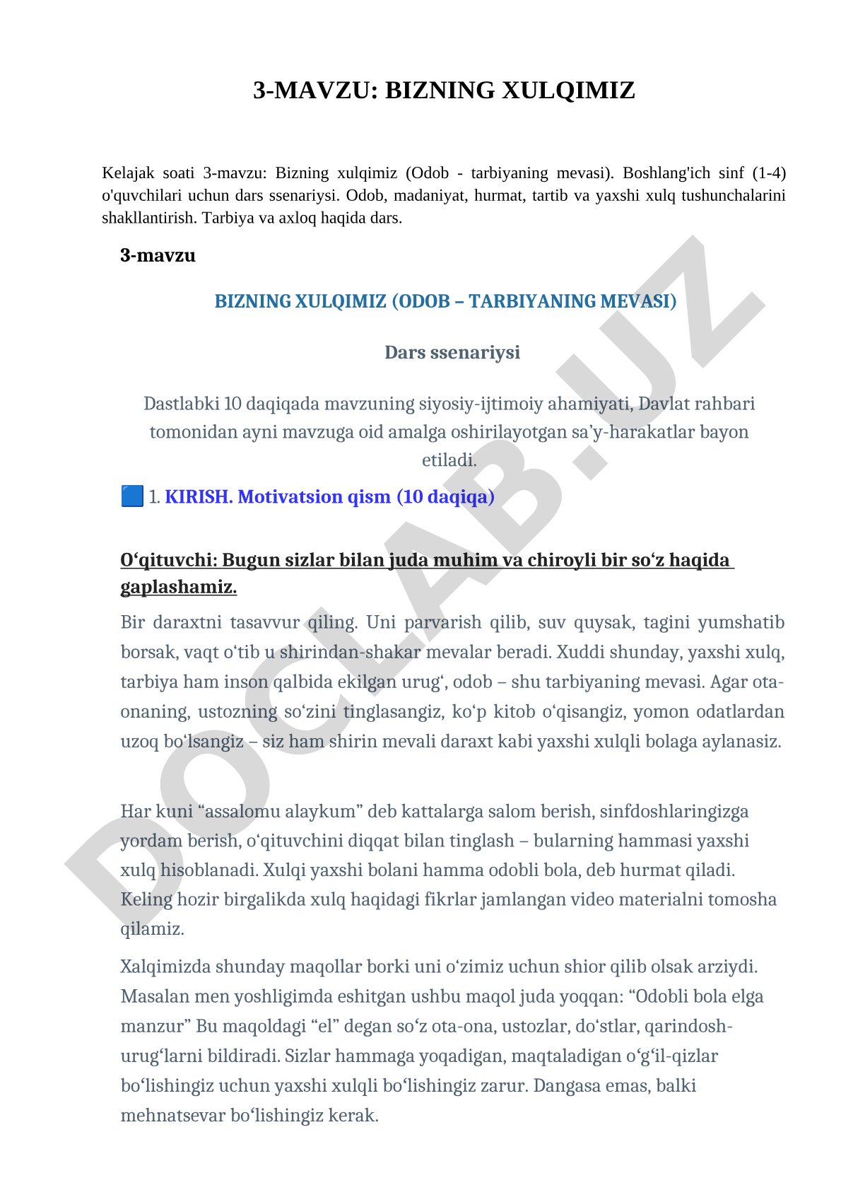Bizning xulqimiz (Odob - tarbiyaning mevasi)