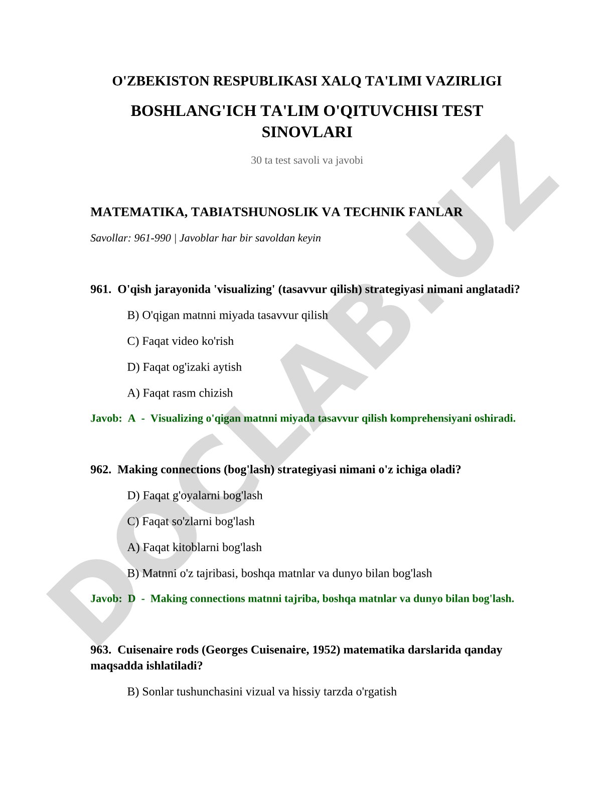 Boshlang'ich ta'lim o'qituvchisi test sinovlari (961-990 savollar)