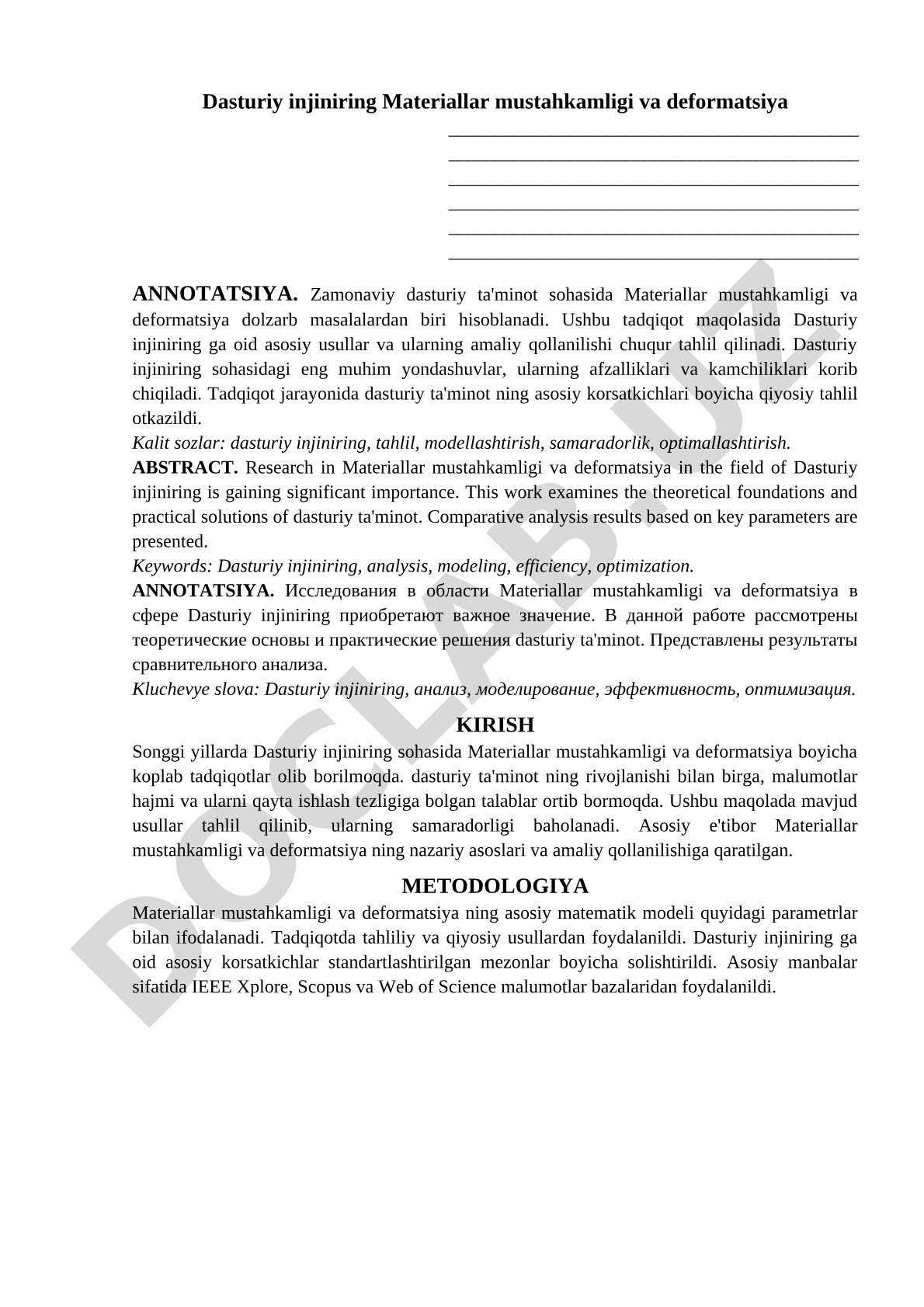 Dasturiy injiniring Materiallar mustahkamligi va deformatsiya