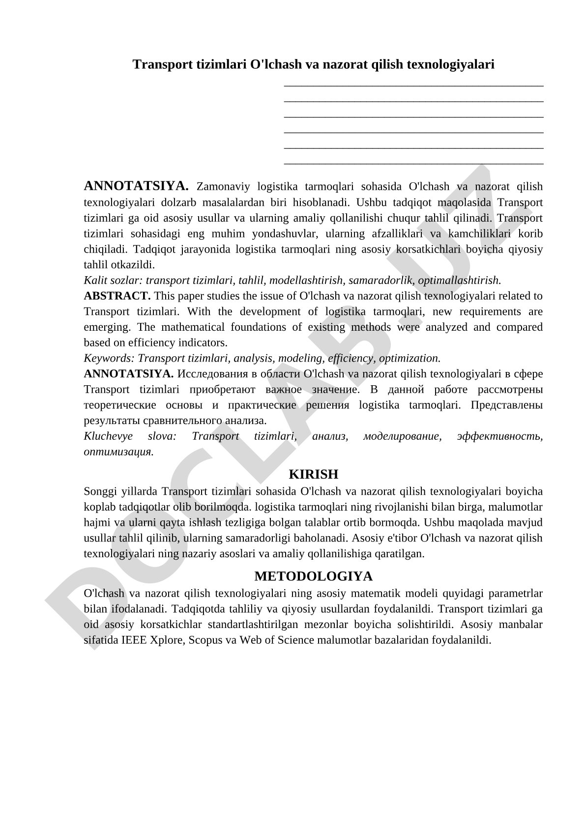 Transport tizimlarida o'lchash va nazorat qilish texnologiyalari