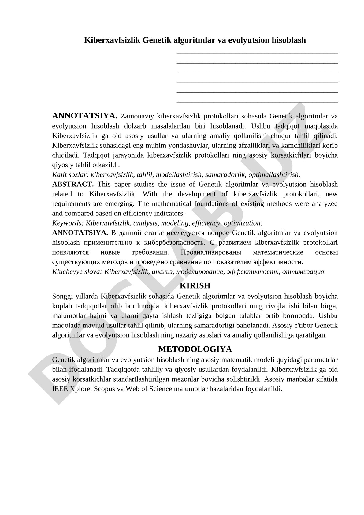 Kiberxavfsizlik Genetik algoritmlar va evolyutsion hisoblash