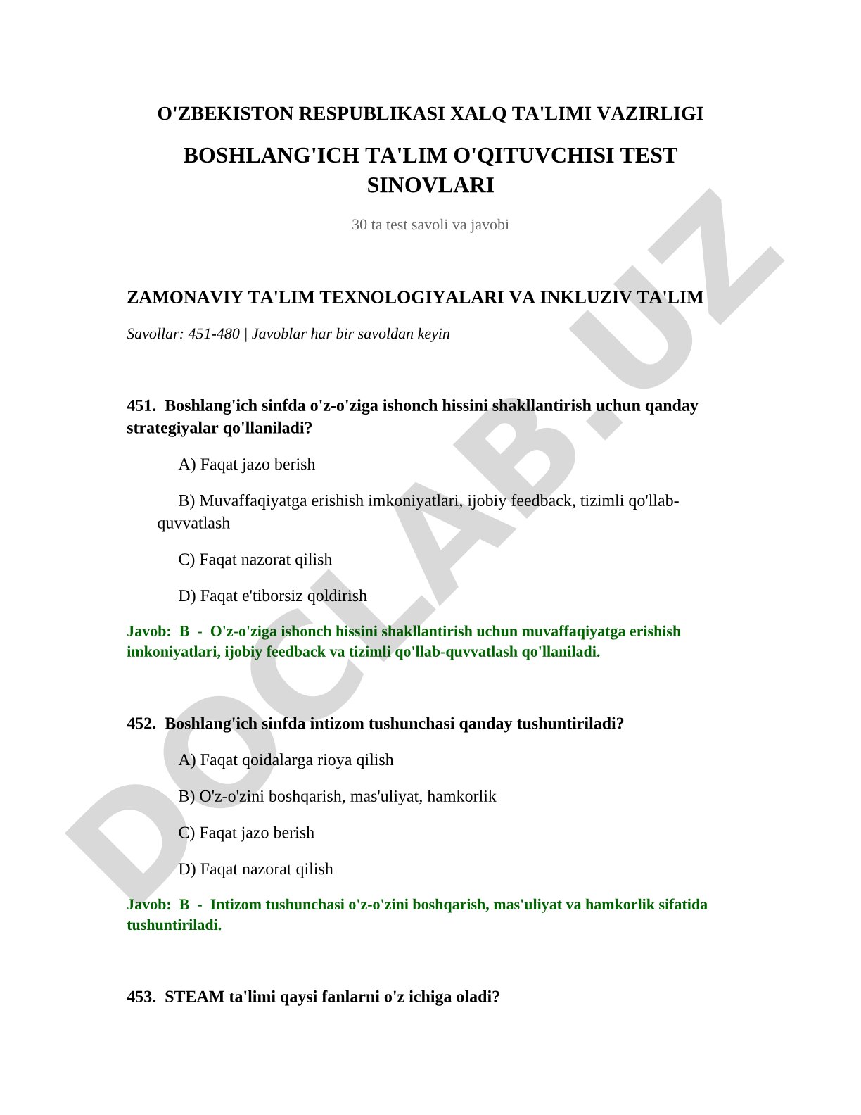 Boshlang'ich ta'lim o'qituvchisi test sinovlari 30 ta test savoli va javobi