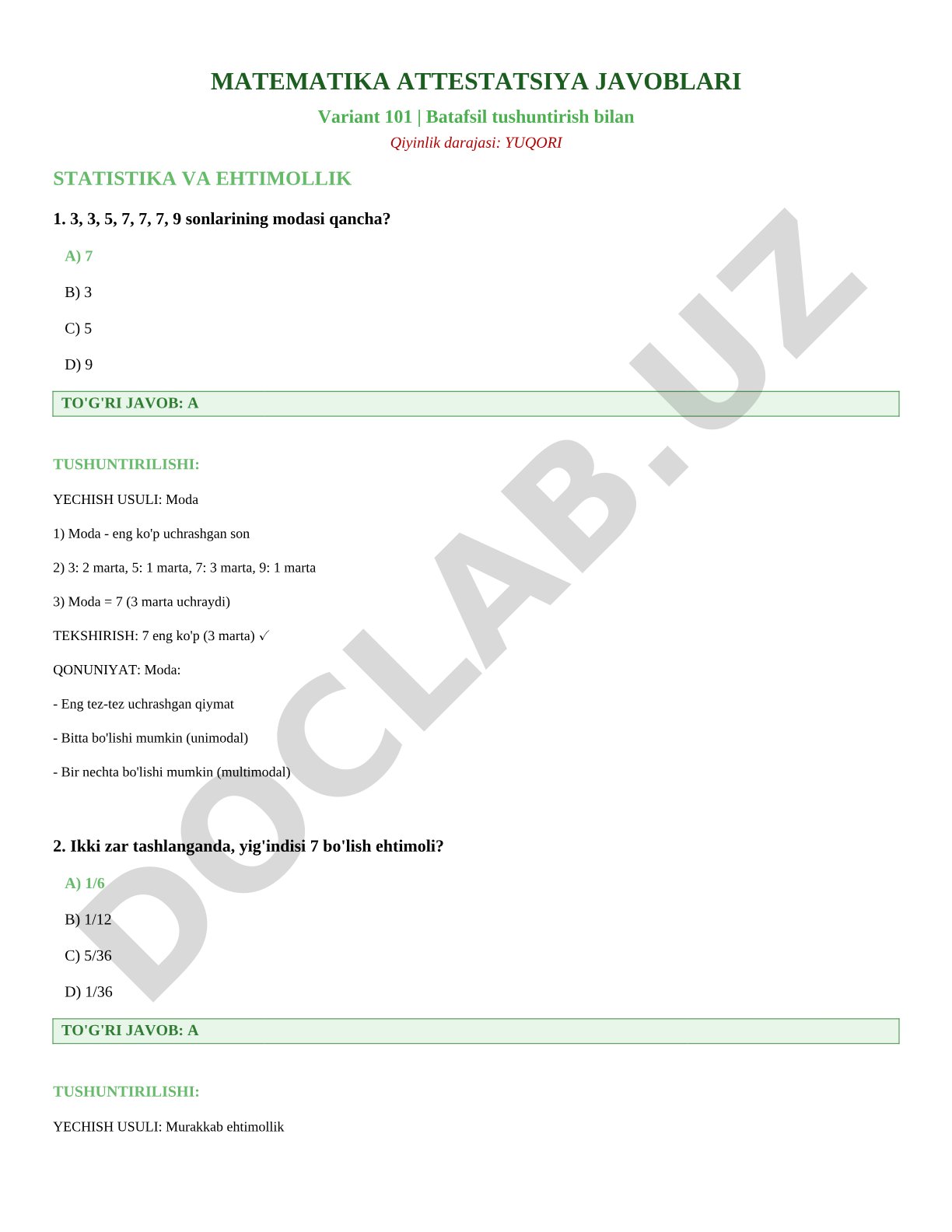 Matematika attestatsiya javoblari variant 101