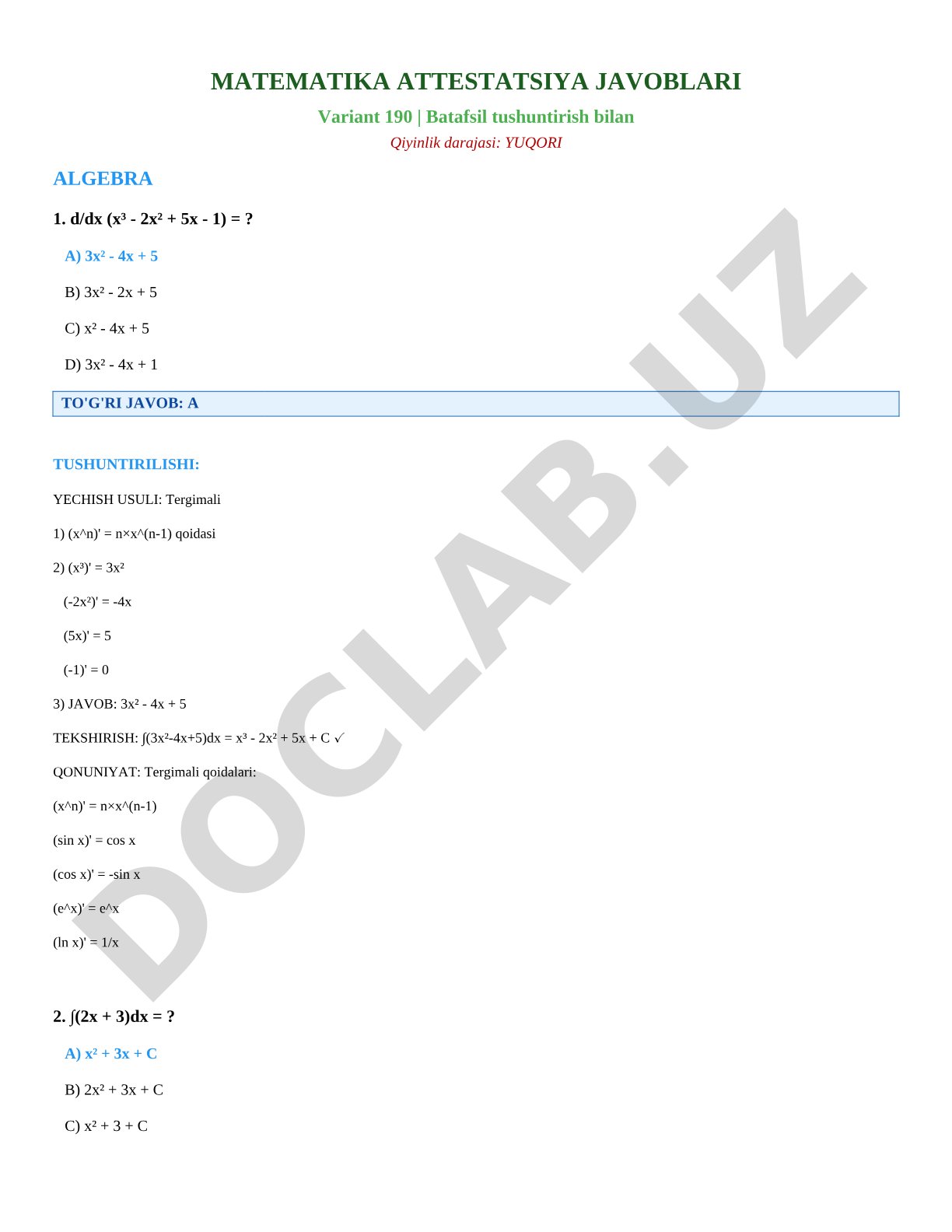 Matematika attestatsiya javoblari Variant 190