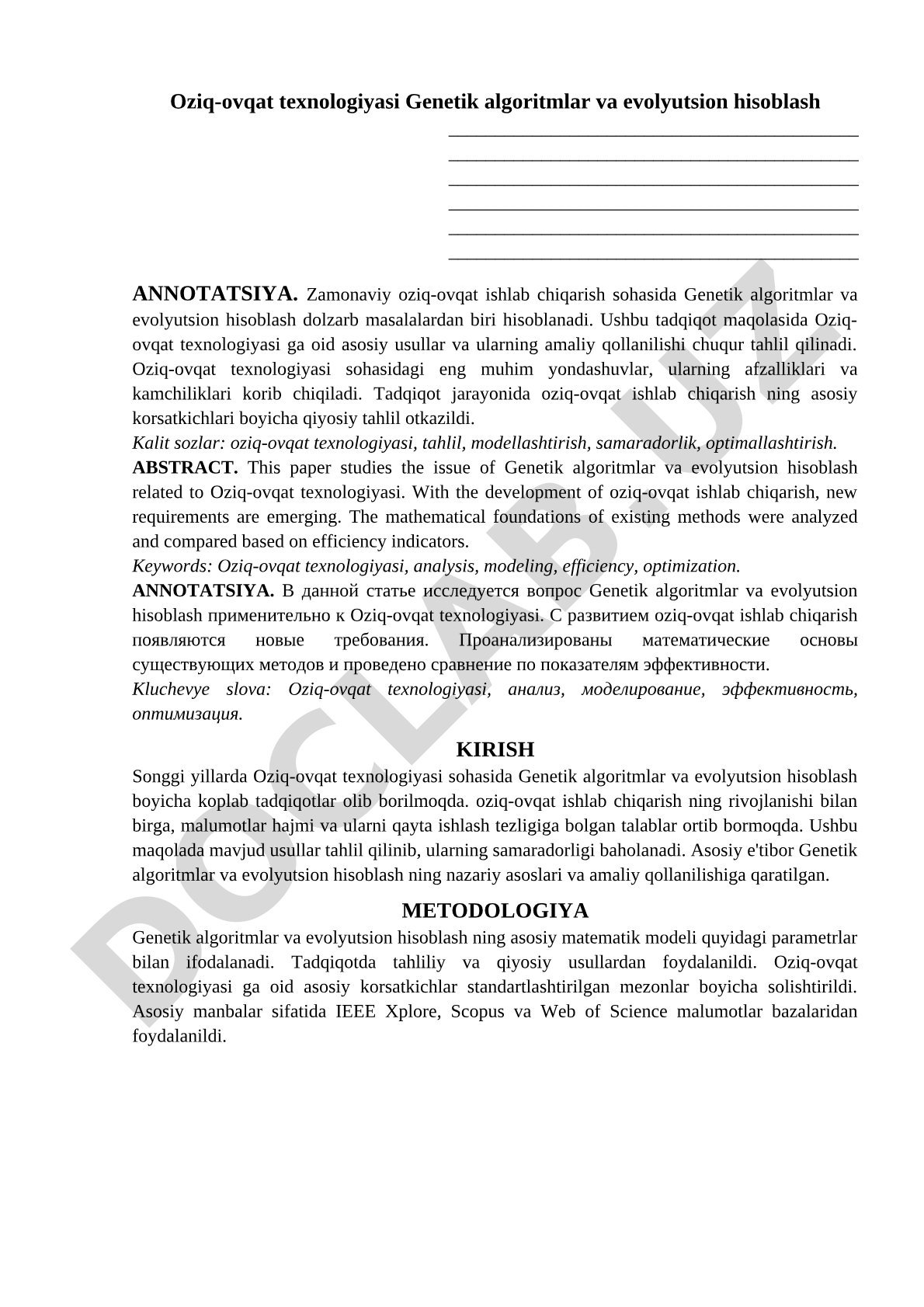 Oziq-ovqat texnologiyasi Genetik algoritmlar va evolyutsion hisoblash