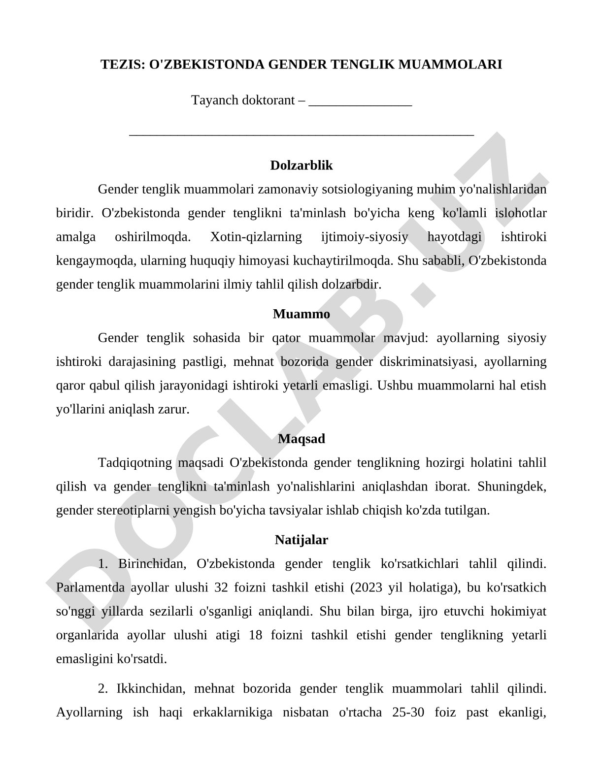 O'zbekistonda gender tenglik muammolari