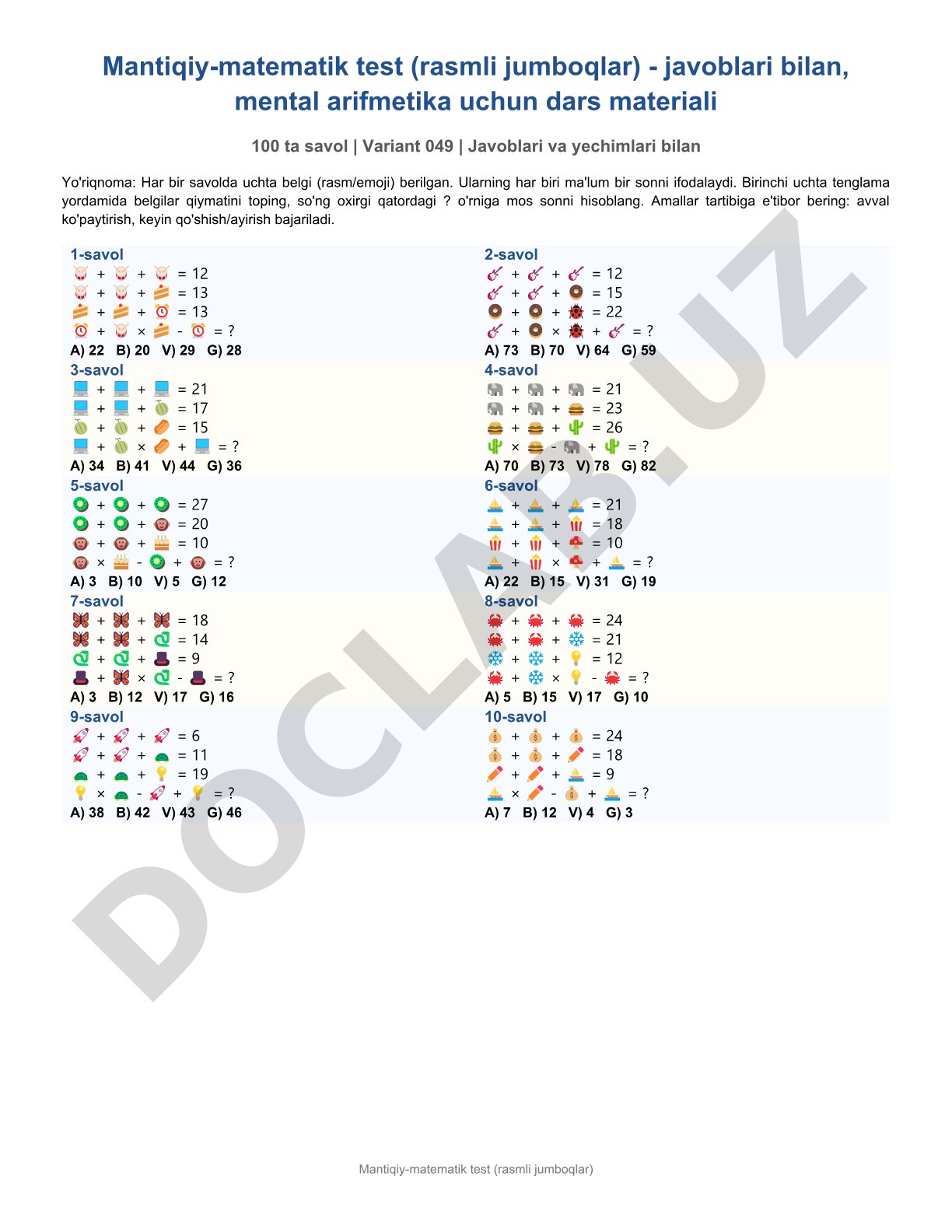 Mantiqiy-matematik test (rasmli jumboqlar)