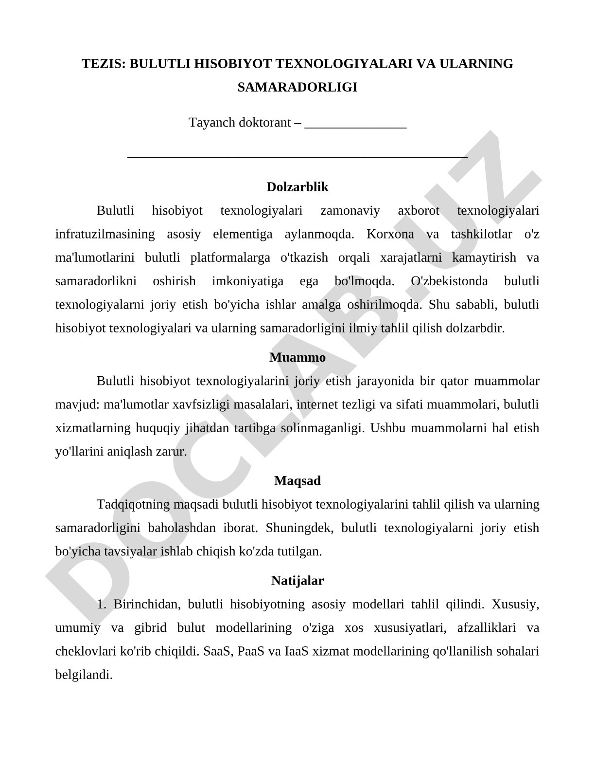 BULUTLI HISOBIYOT TEXNOLOGIYALARI VA ULARNING SAMARADORLIGI