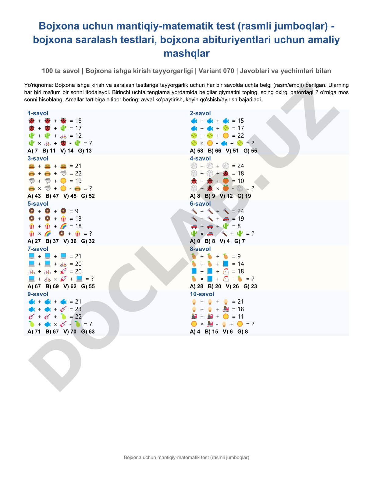 Bojxona uchun mantiqiy-matematik test (rasmli jumboqlar)