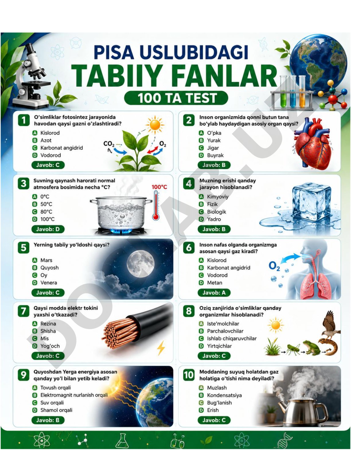 PISA USLUBIDAGI TABIIY FANLAR 100 TA TEST