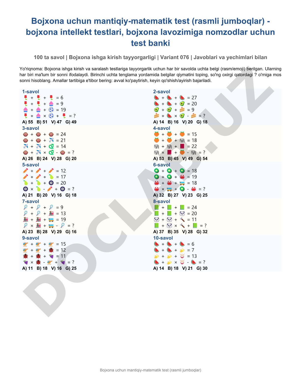 Bojxona uchun mantiqiy-matematik test (rasmli jumboqlar)