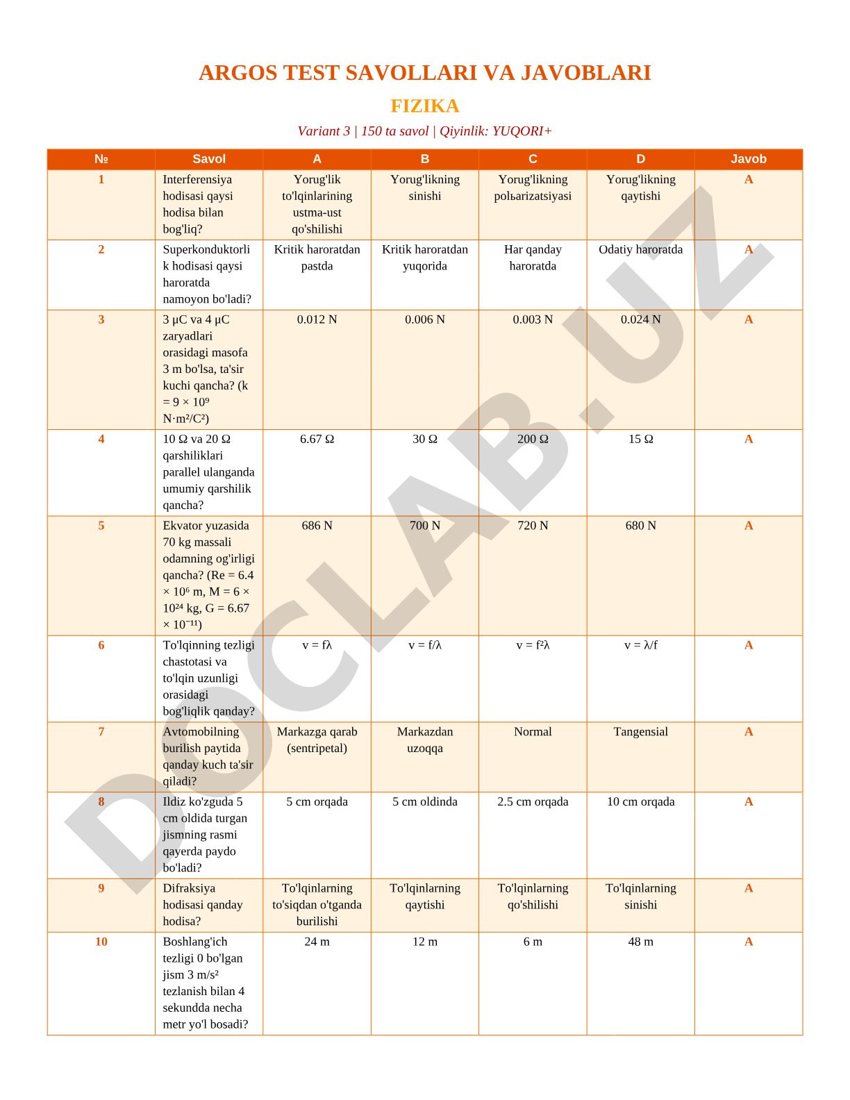 ARGOS TEST SAVOLLARI VA JAVOBLARI FIZIKA Variant 3