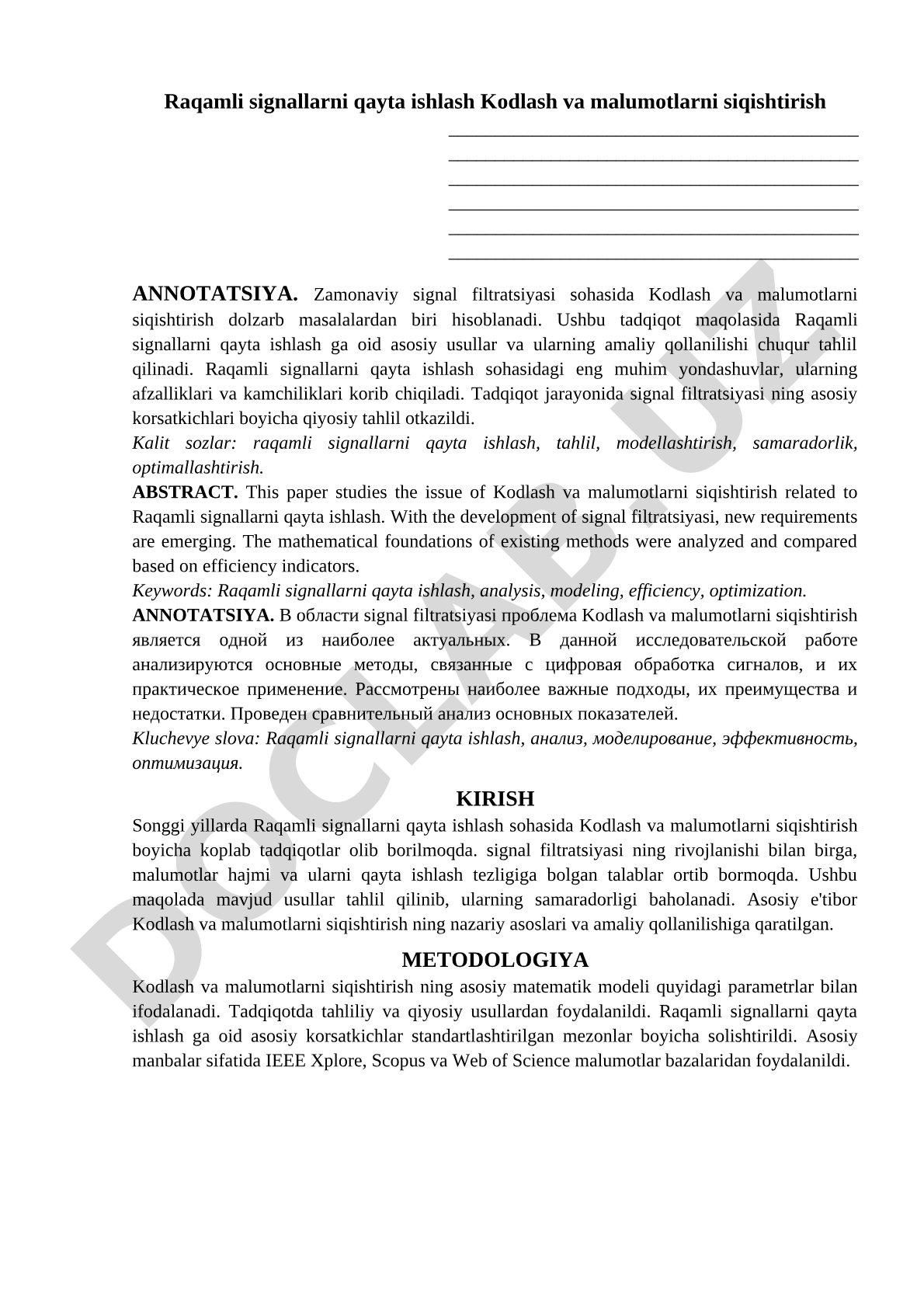 Raqamli signallarni qayta ishlash: kodlash va ma'lumotlarni siqishtirish