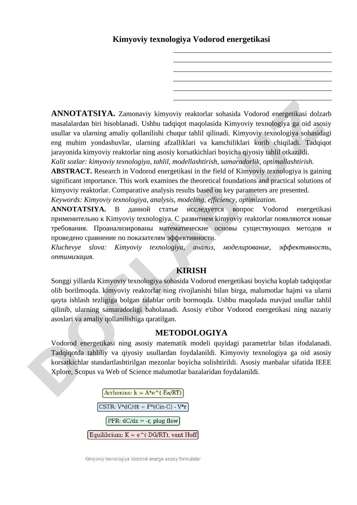 Kimyoviy texnologiya Vodorod energetikasi