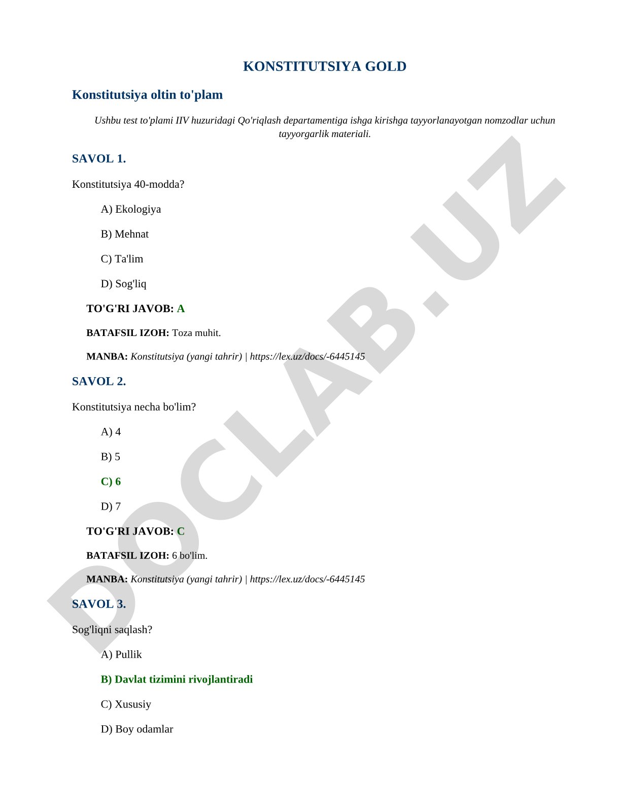 Konstitutsiya oltin to'plam testlari