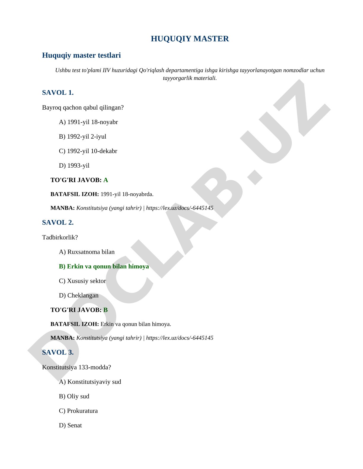 Qo'riqlash departamenti nomzodlari uchun huquqiy testlar