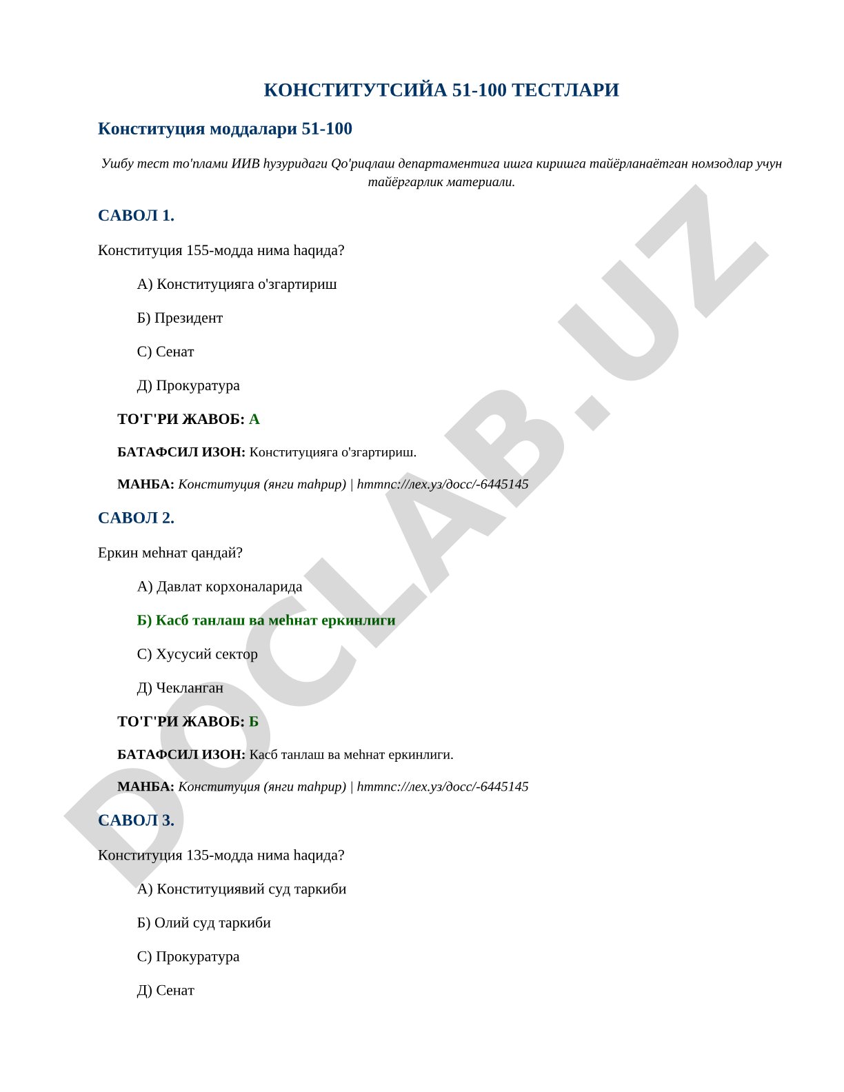 Konstitutsiya 51-100 testlari