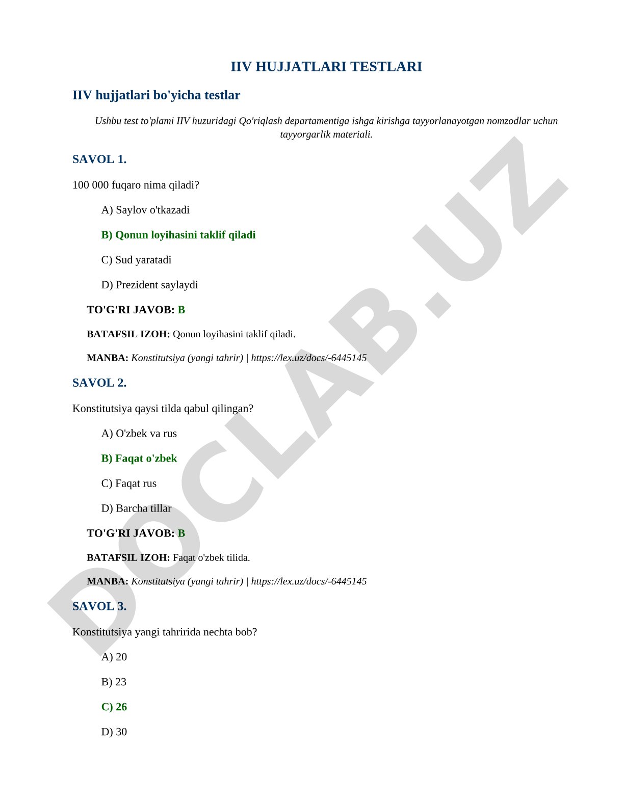 IIV Qo'riqlash departamentiga kirish testlari