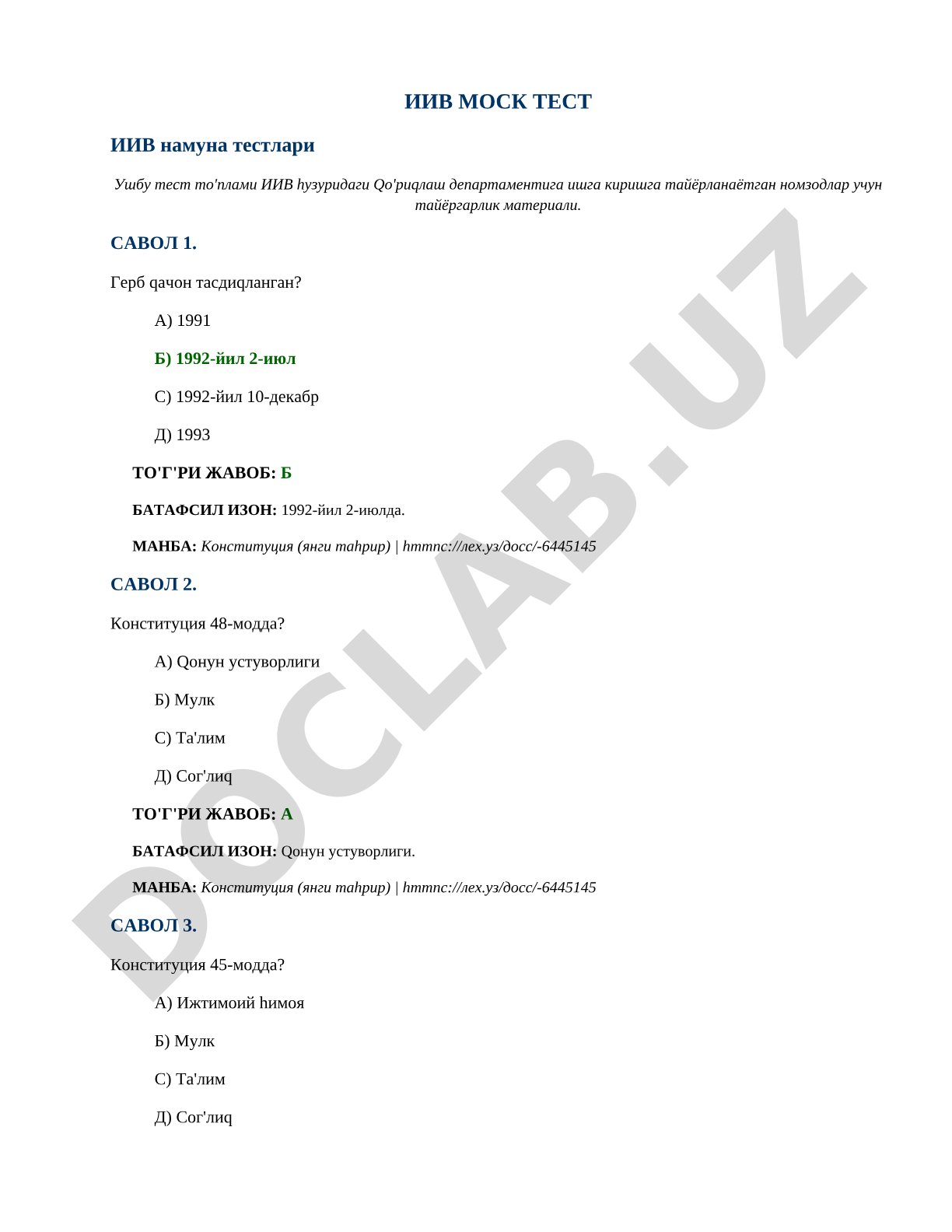 IIV qo'riqlash departamentiga kirish testlari