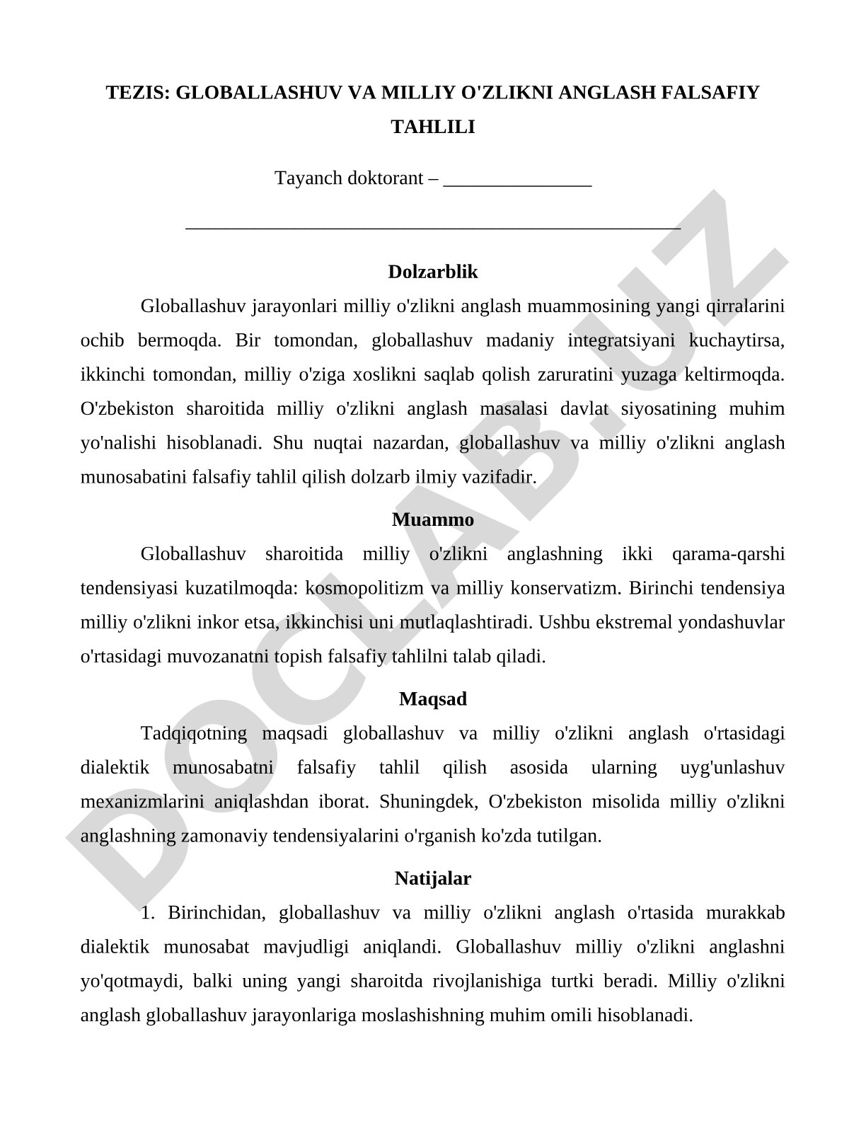 Globallashuv va milliy o'zlikni anglash falsafiy tahlili
