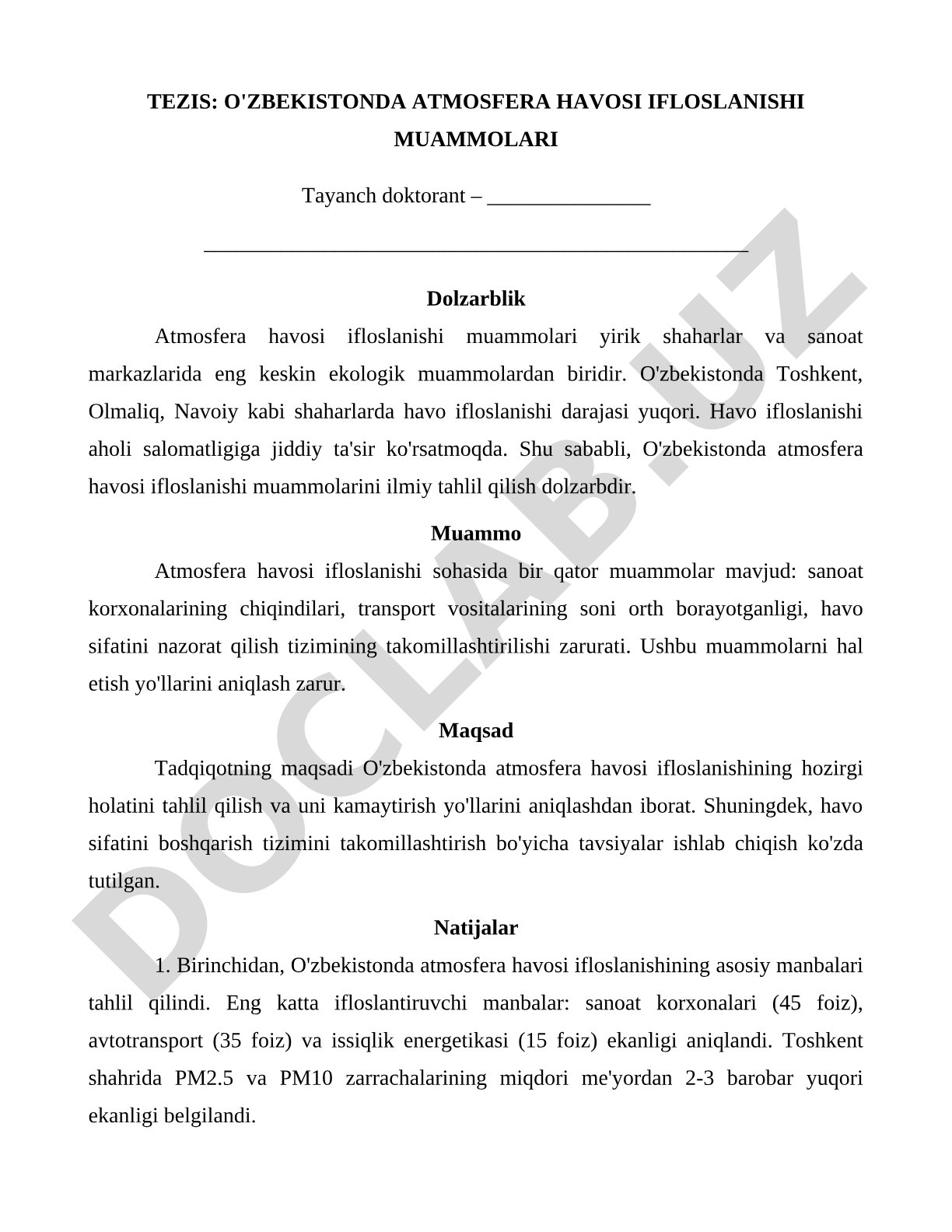 O'zbekistonda atmosfera havosi ifloslanishi muammolari