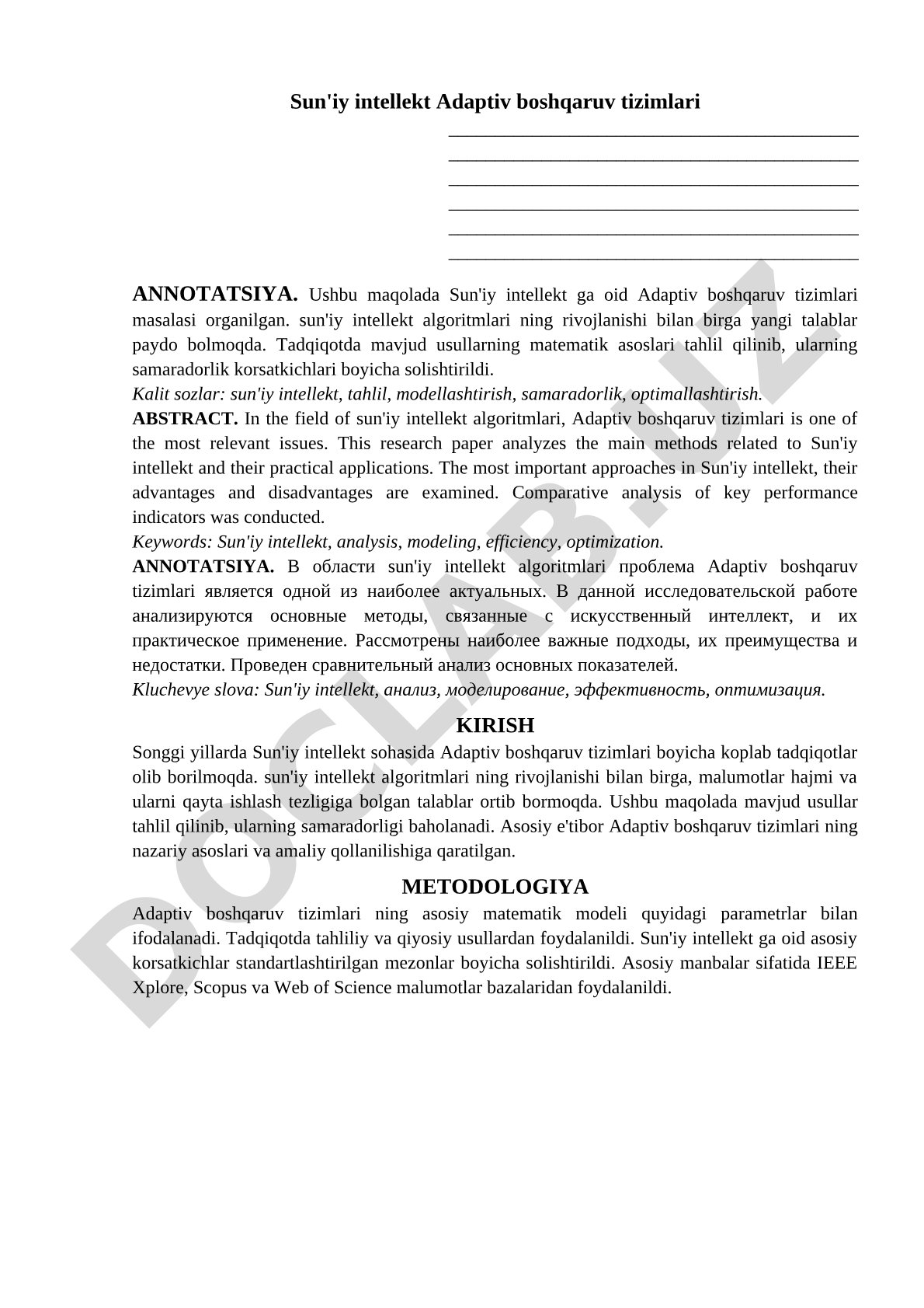 Sun'iy intellekt Adaptiv boshqaruv tizimlari