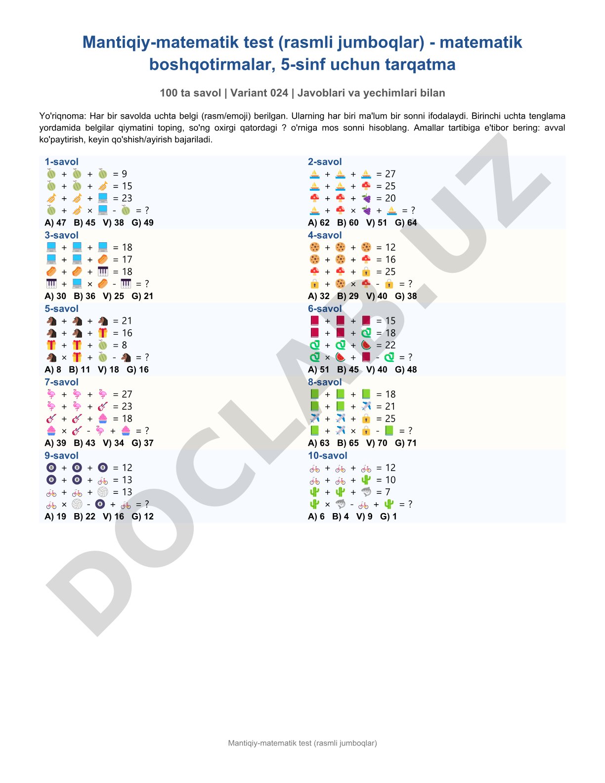 Mantiqiy-matematik test (rasmli jumboqlar)
